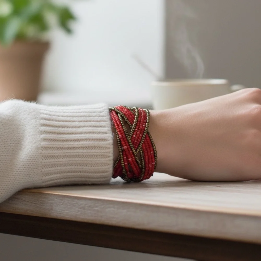 Handmade Twisted Flexible Seed Bead Braided Open Cuff Bracelet – Red & Gold